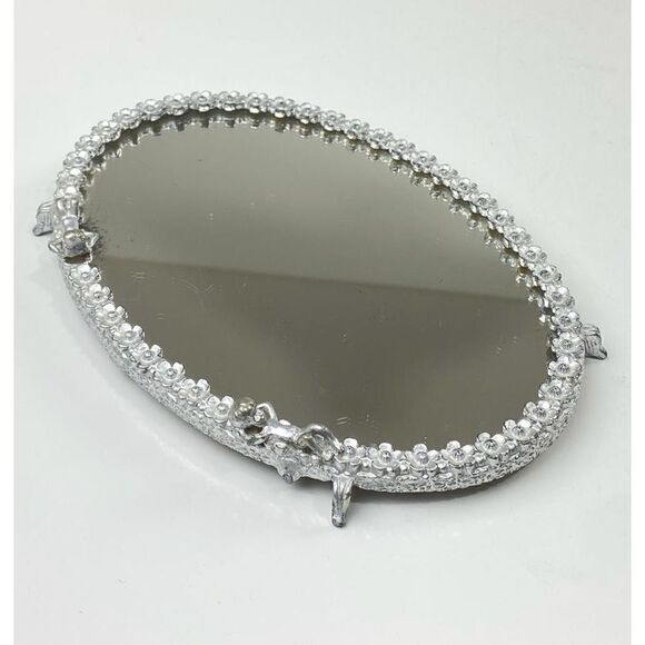 Vtg Sam Fink Vanity Tray Mirror Silver Tone Oval Cherubs Flowers Harp Feet CO126 - Picture 6 of 10
